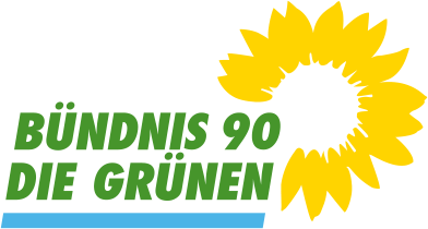 Logo Bündnis 90 / Die Grüne mit grüner schrift und Sonnenblumen